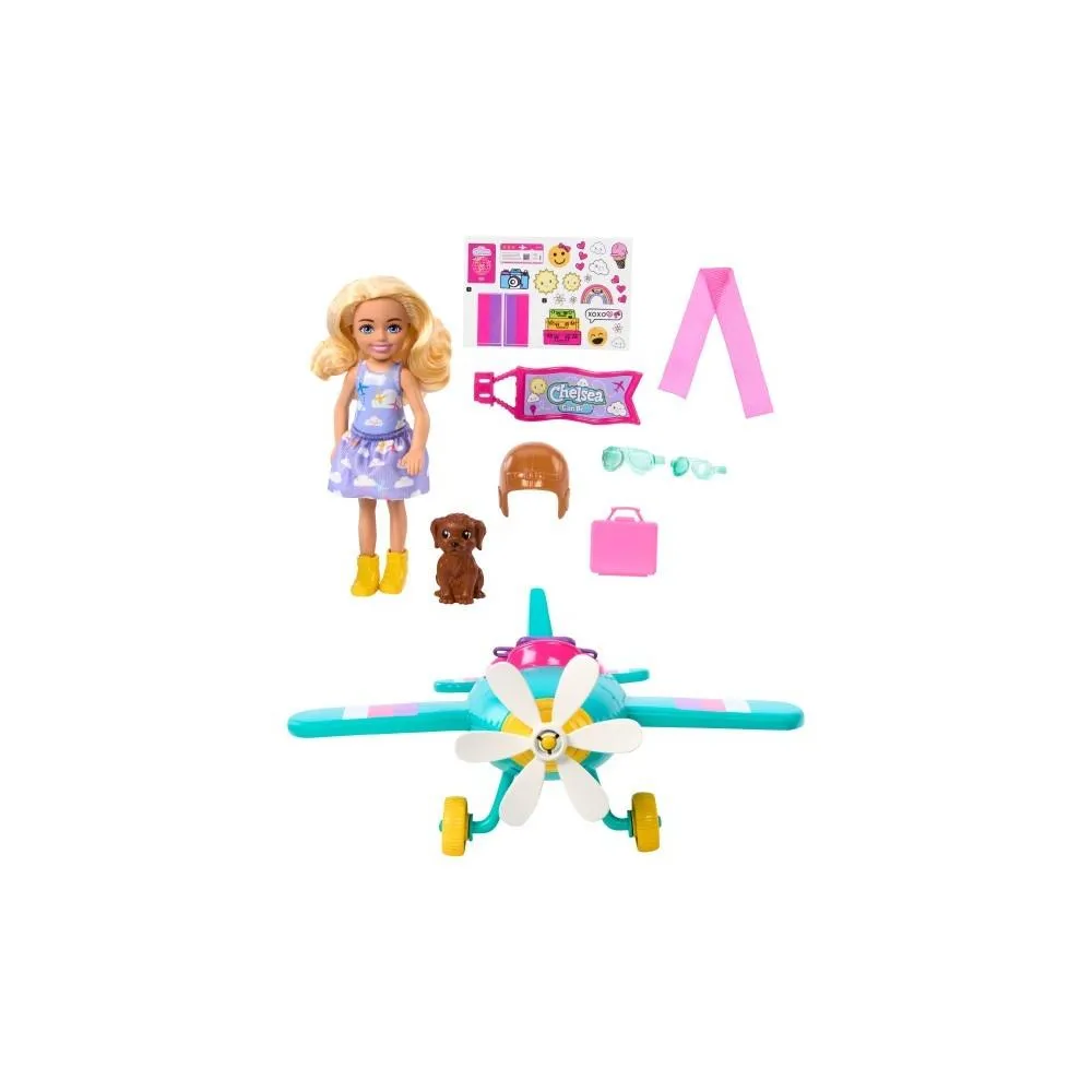 Barbie Chelsea z pieskiem i samolotem do zabawy, widok zestawu z akcesoriami