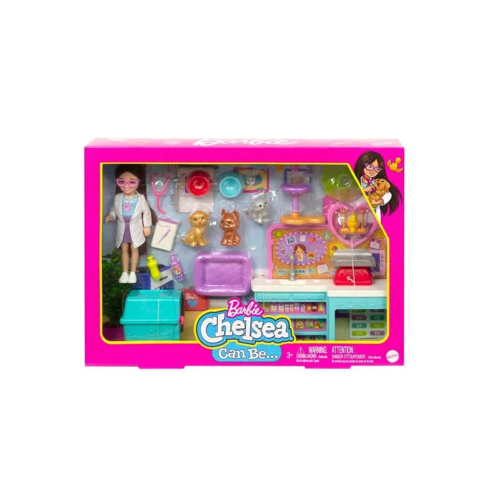 Barbie Chelsea Zestaw weterynarz z lalką, zwierzętami i akcesoriami