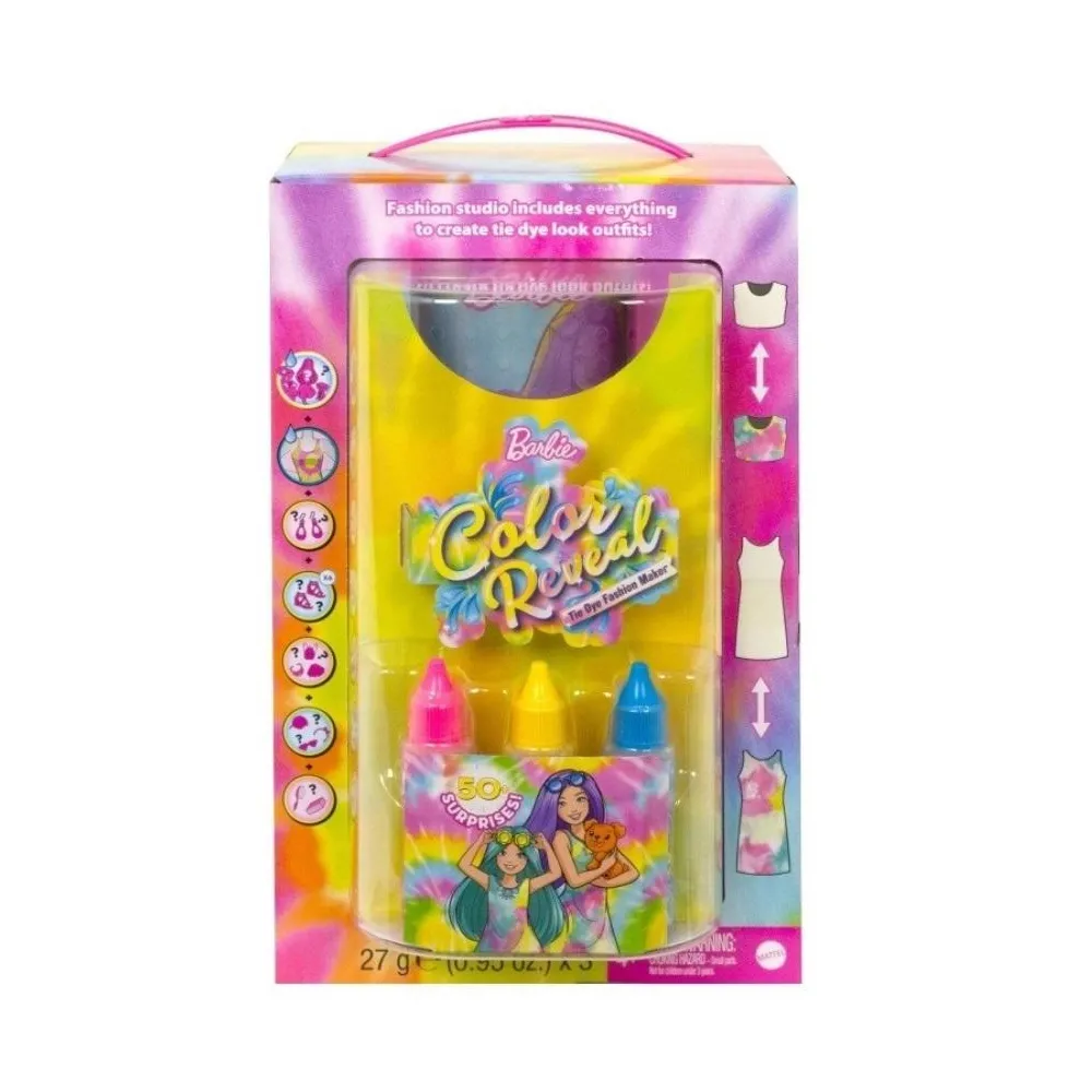 Barbie Color Reveal Tie Dye Fashion Maker Doll z akcesoriami i białymi ubrankami do farbowania