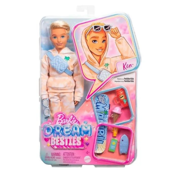 Lalka Ken Barbie Dream Besties w pomarańczowym stroju z zestawem akcesoriów