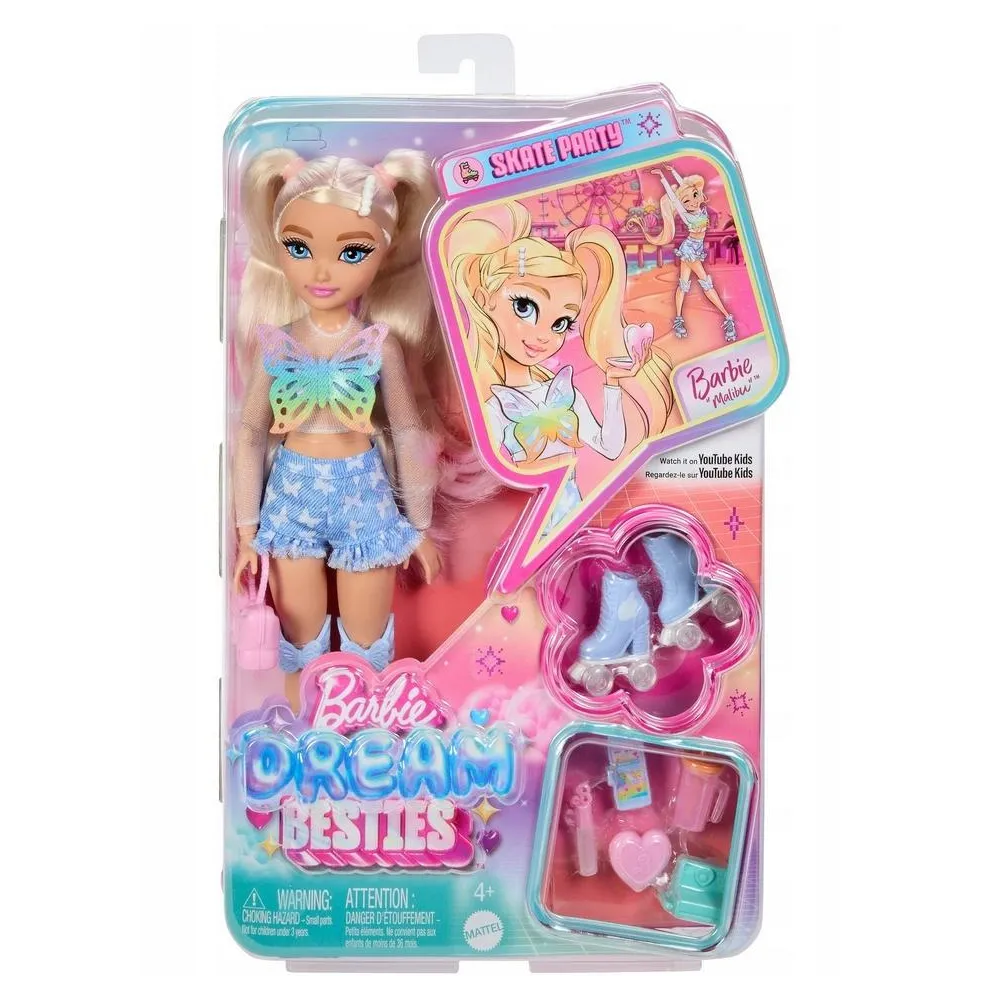 Barbie Dream Besties Lalka Malibu w kolorowym stroju z motylkami na wrotkach