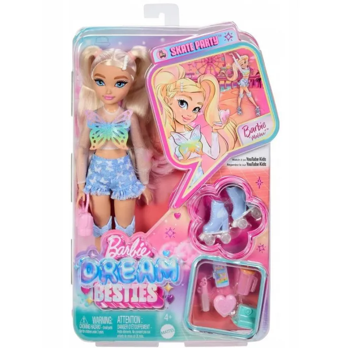 Barbie Dream Besties Lalka Malibu w kolorowym stroju z motylkami na wrotkach