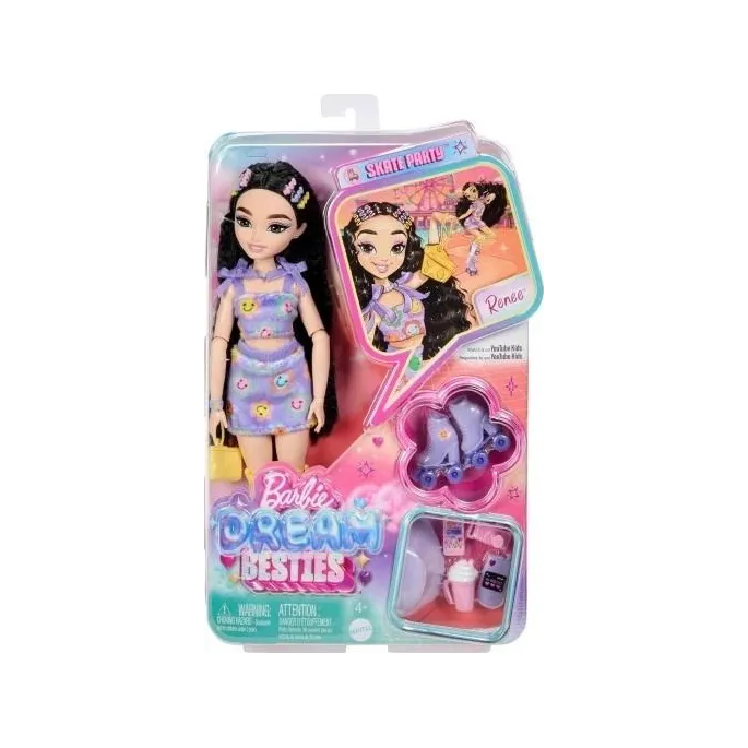 Barbie DreamBesties Renee na wrotkach w kolorowym stroju z dodatkami