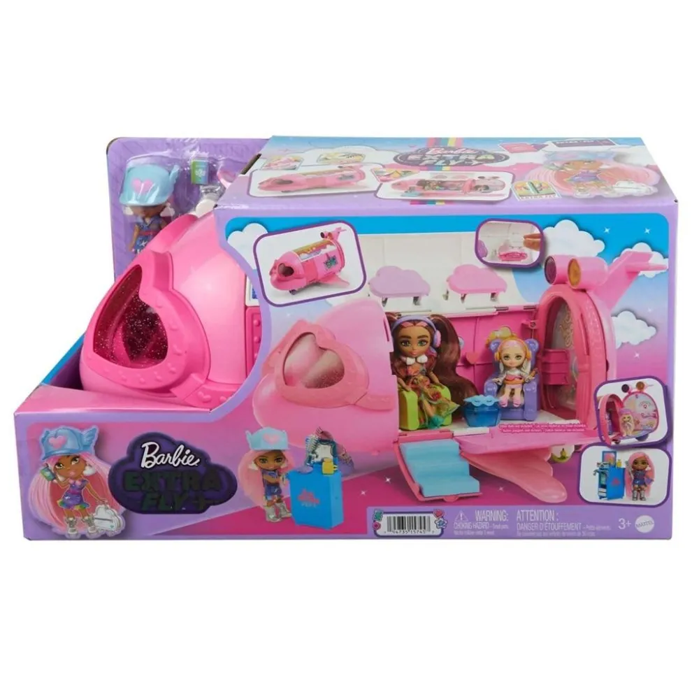Barbie Extra Fly Samolot HPF72 z lalką i akcesoriami na tle dekoracji