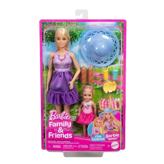 Barbie Malibu i Chelsea z akcesoriami na pikniku na kolorowym kocu