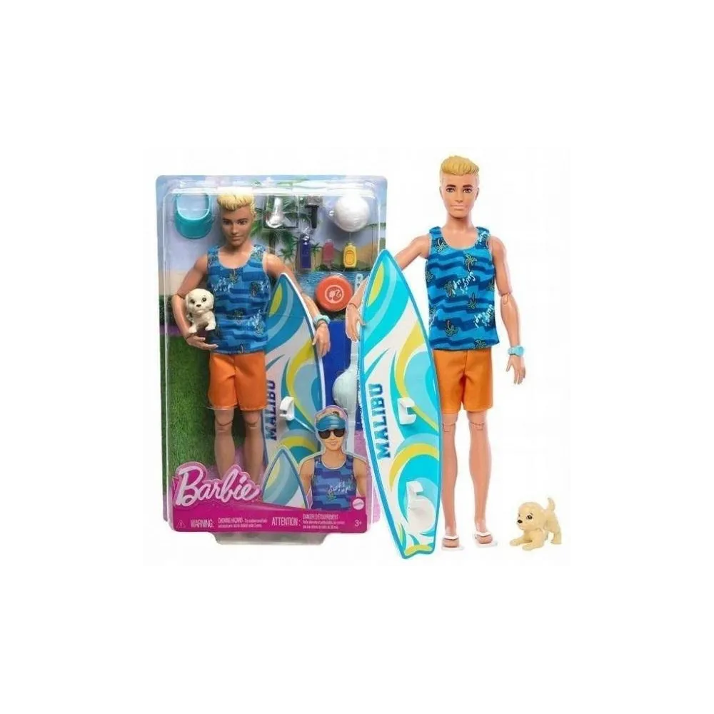 Ken surfer z deską surfingową i akcesoriami plażowymi na tle letniego klimatu