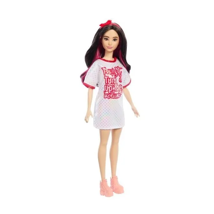 Barbie Fashionistas w białej sukience w kropki i różowych bucikach