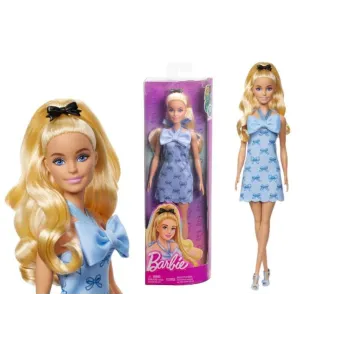 Barbie Fashionistas w niebieskiej sukience z dużą kokardą i blond kucykiem