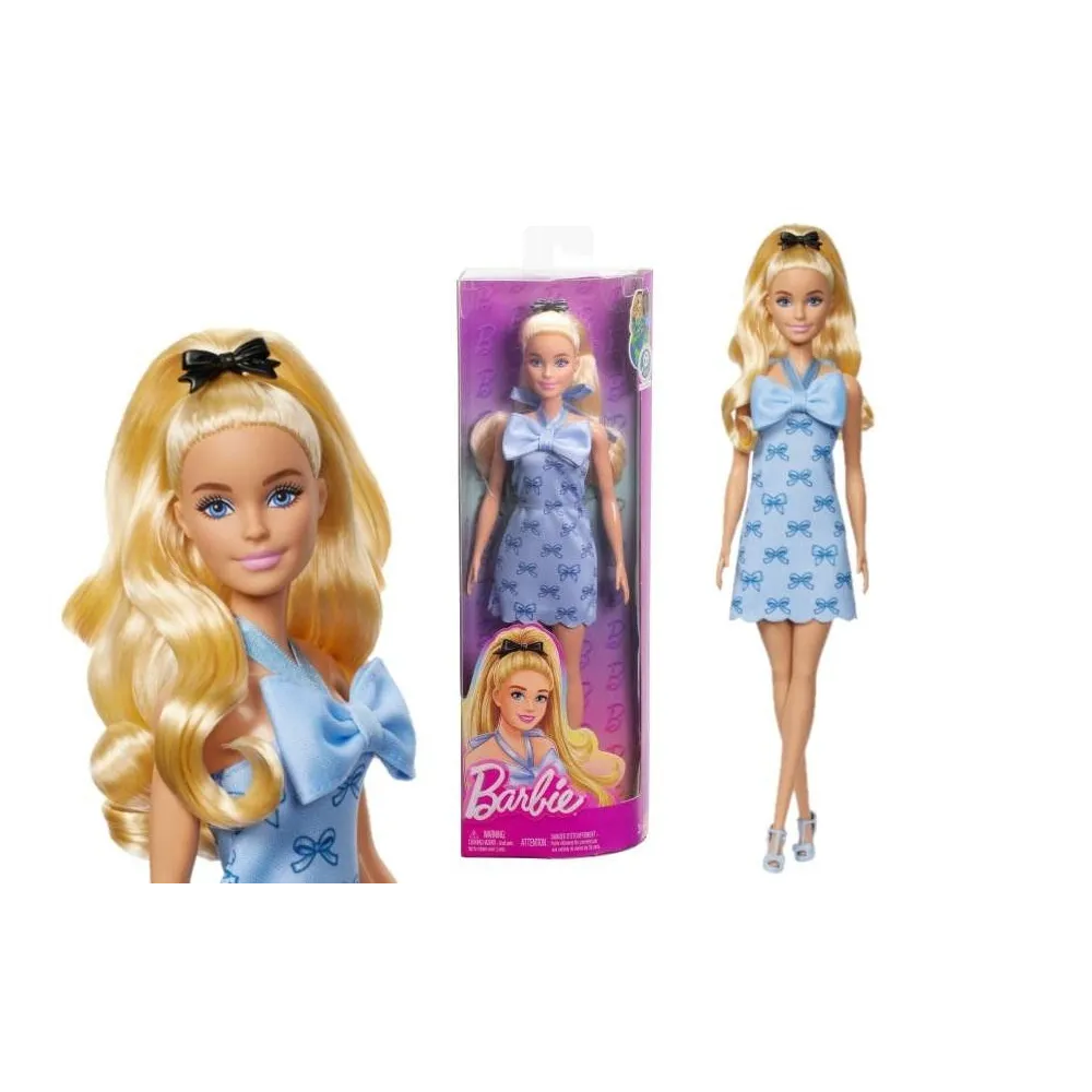 Barbie Fashionistas w niebieskiej sukience z dużą kokardą i blond kucykiem