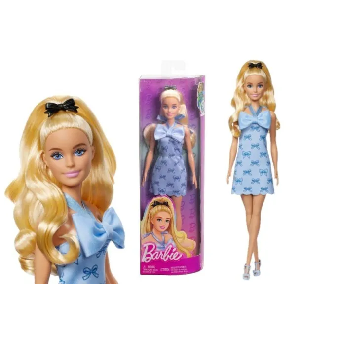 Barbie Fashionistas w niebieskiej sukience z dużą kokardą i blond kucykiem