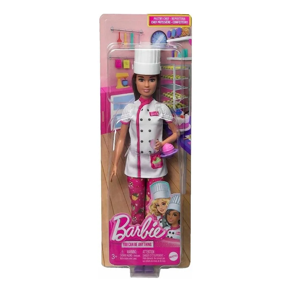 barbie cukiernik z czapką kucharską i babeczką w zestawie