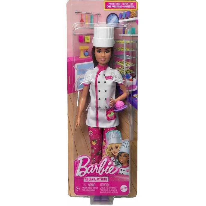 barbie cukiernik z czapką kucharską i babeczką w zestawie