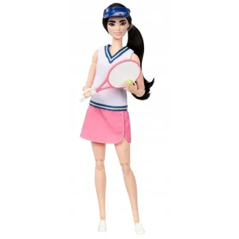 Barbie Tenisistka Made to Move w stroju sportowym z rakietą i piłką tenisową