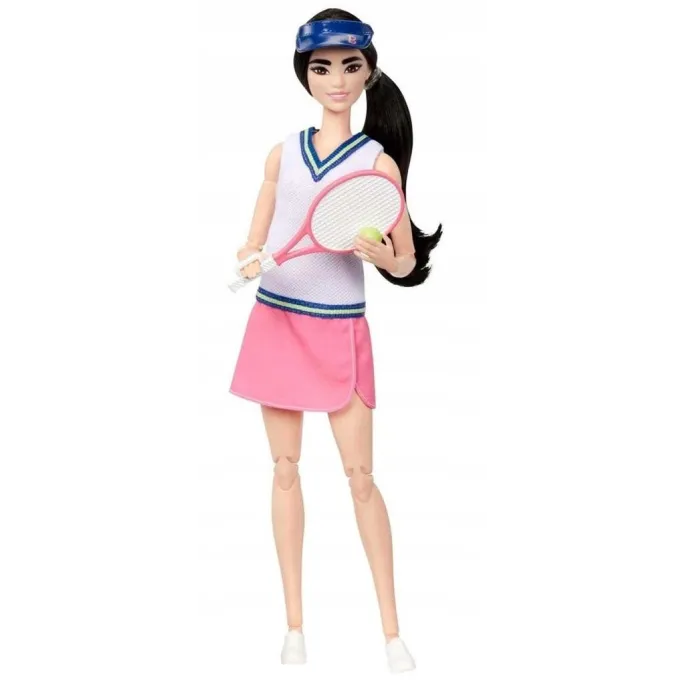 Barbie Tenisistka Made to Move w stroju sportowym z rakietą i piłką tenisową