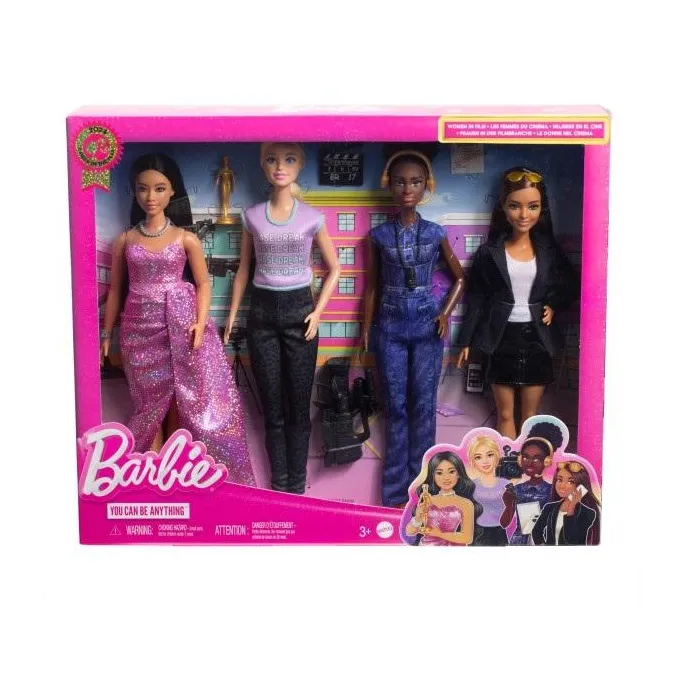 Barbie Kariera. Lalki Kobiety filmu z tematycznymi akcesoriami na tle kina