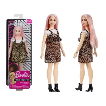 Barbie Fashionistas w sukience w panterkę na tle opakowania