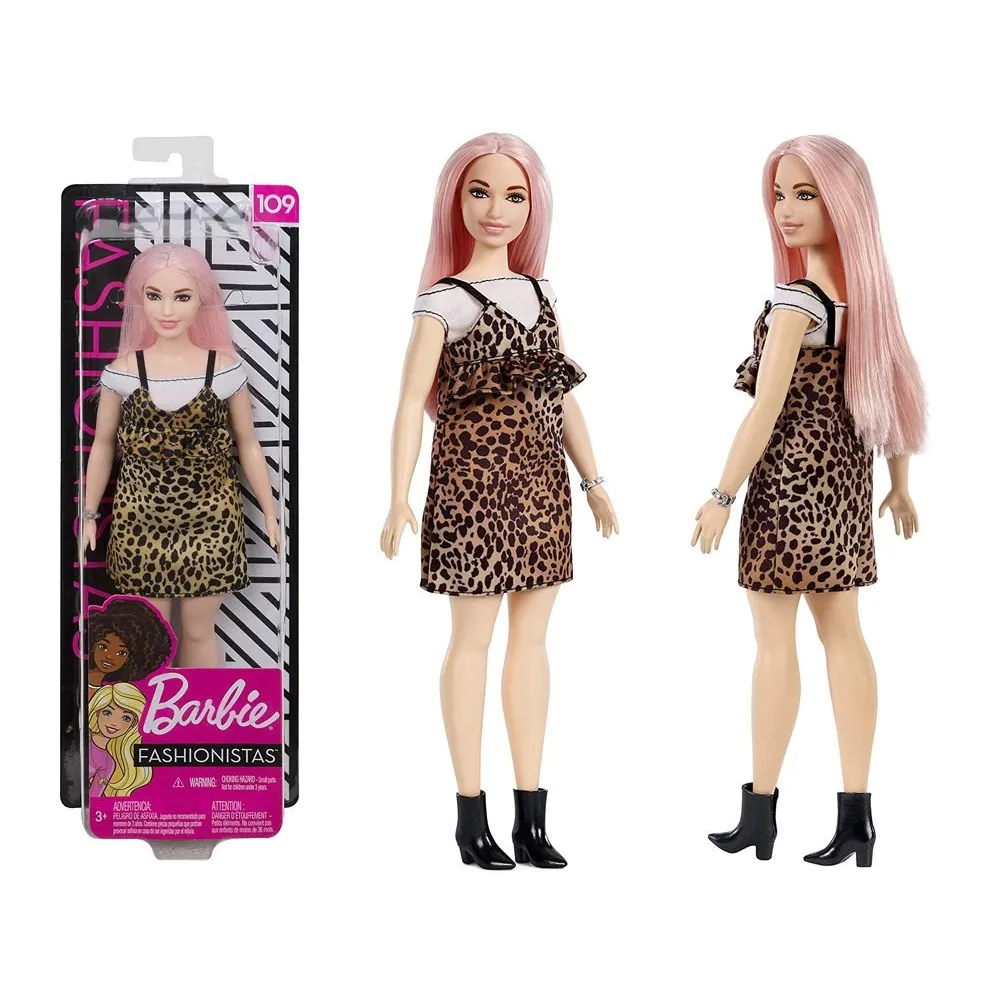 Barbie Fashionistas w sukience w panterkę na tle opakowania
