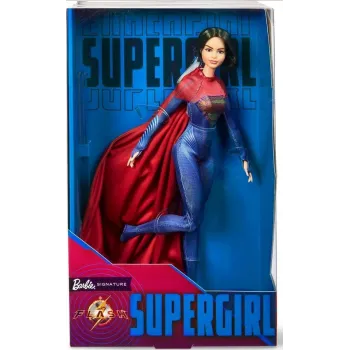 Barbie Lalka Supergirl w czerwono-niebieskim stroju z tarczą S na piersi
