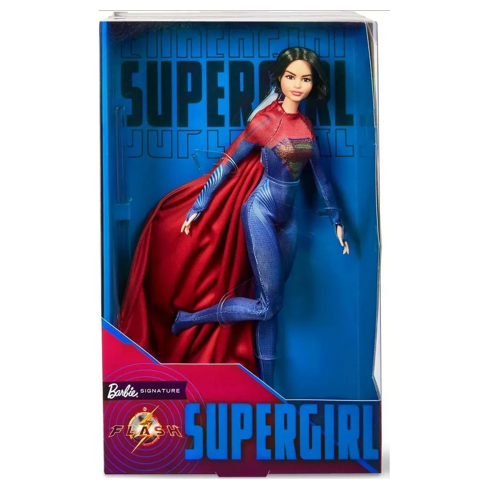 Barbie Lalka Supergirl w czerwono-niebieskim stroju z tarczą S na piersi