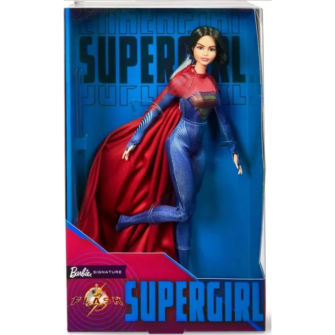 Barbie Lalka Supergirl w czerwono-niebieskim stroju z tarczą S na piersi