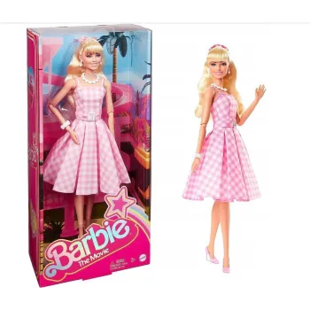 Barbie The Movie HPJ96 w różowo-białej sukience ze stylowymi dodatkami