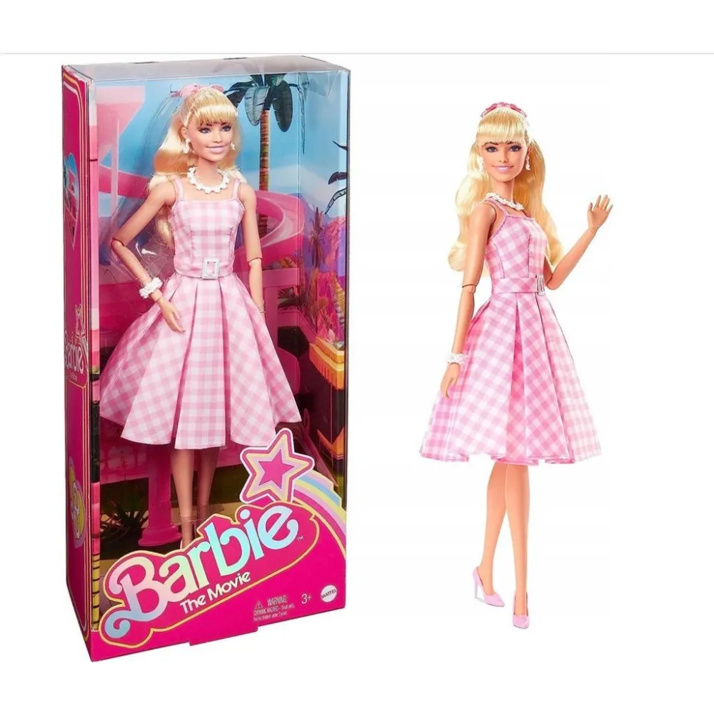 Barbie The Movie HPJ96 w różowo-białej sukience ze stylowymi dodatkami