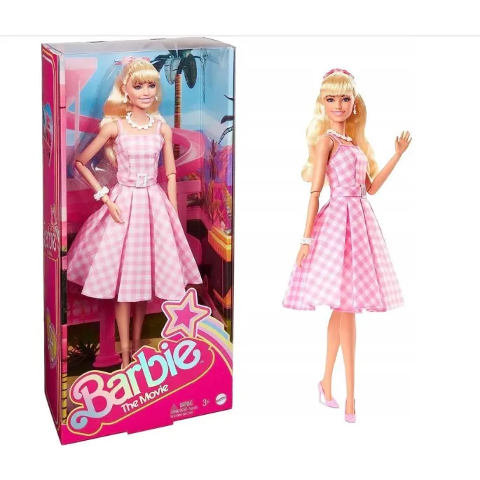 Barbie The Movie HPJ96 w różowo-białej sukience ze stylowymi dodatkami