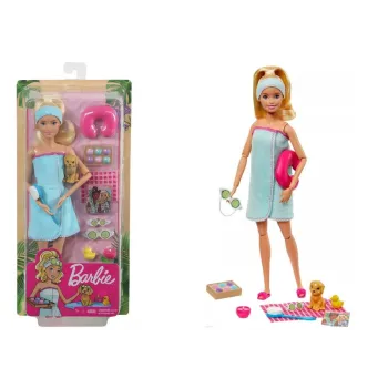 Barbie Wellness relaks w niebieskim ręczniku z akcesoriami do domowego SPA