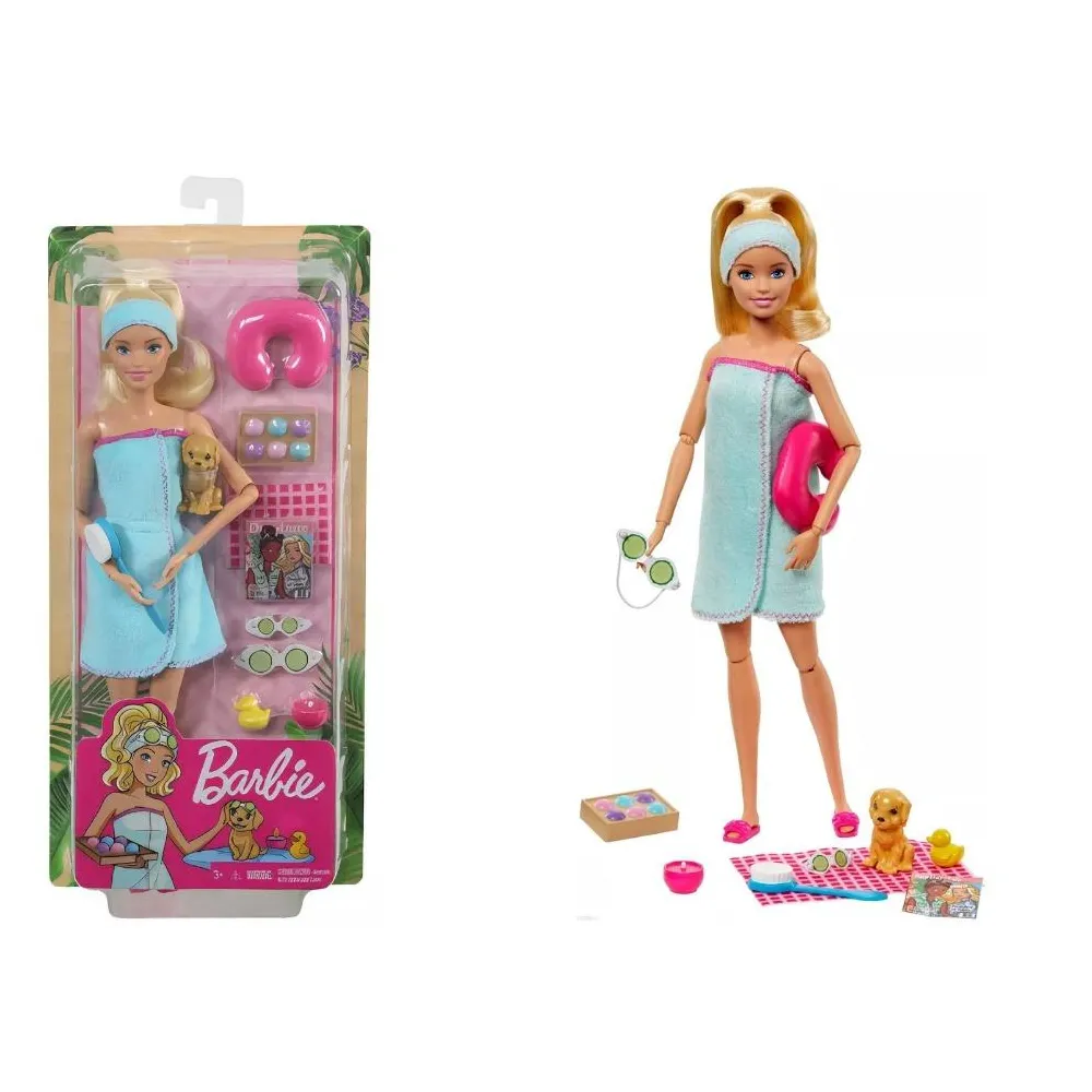 Barbie Wellness relaks w niebieskim ręczniku z akcesoriami do domowego SPA