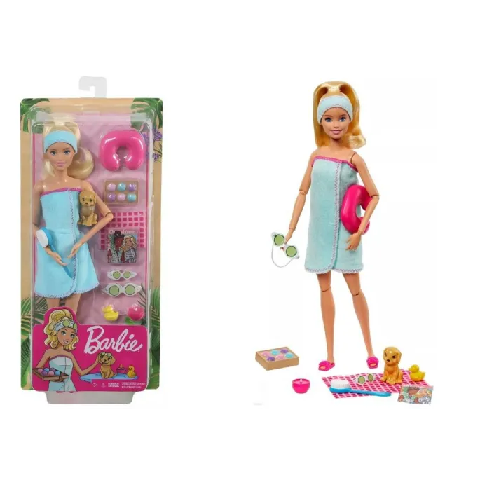 Barbie Wellness relaks w niebieskim ręczniku z akcesoriami do domowego SPA