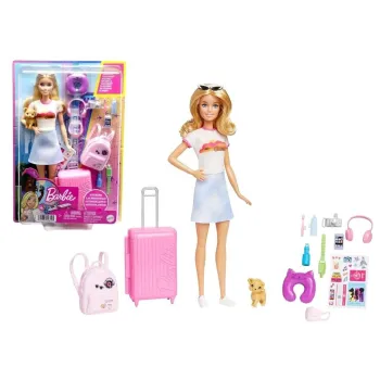 Zestaw Barbie Travel z lalką, walizką, plecakiem i akcesoriami na białym tle