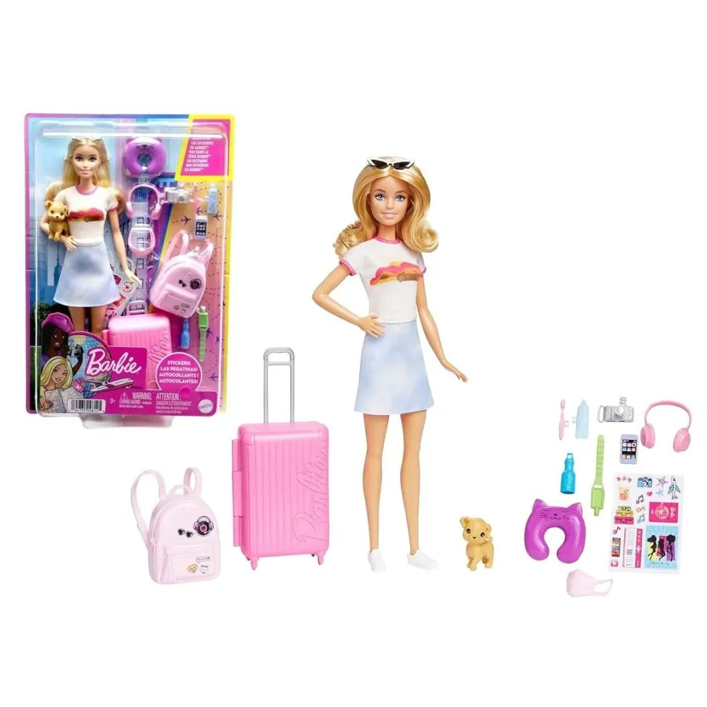 Zestaw Barbie Travel z lalką, walizką, plecakiem i akcesoriami na białym tle