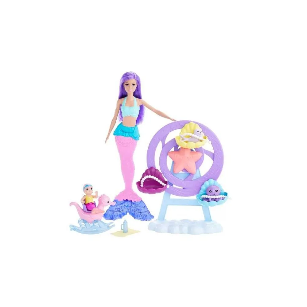 Barbie syrenka z akcesoriami i syreniątkiem na tle kolorowych elementów