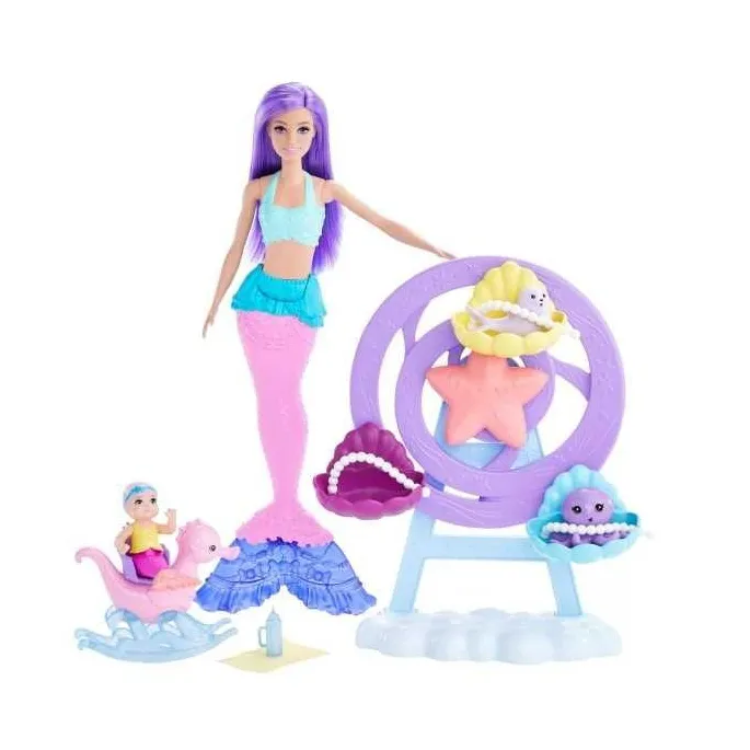 Barbie syrenka z akcesoriami i syreniątkiem na tle kolorowych elementów