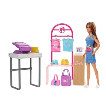 Barbie Projektantka mody z akcesoriami do projektowania i stojakiem na ubrania