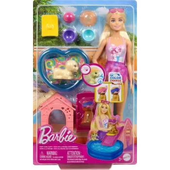 Zestaw Barbie Puppy Pool Party z lalką barbie, basenem i dwoma pieskami