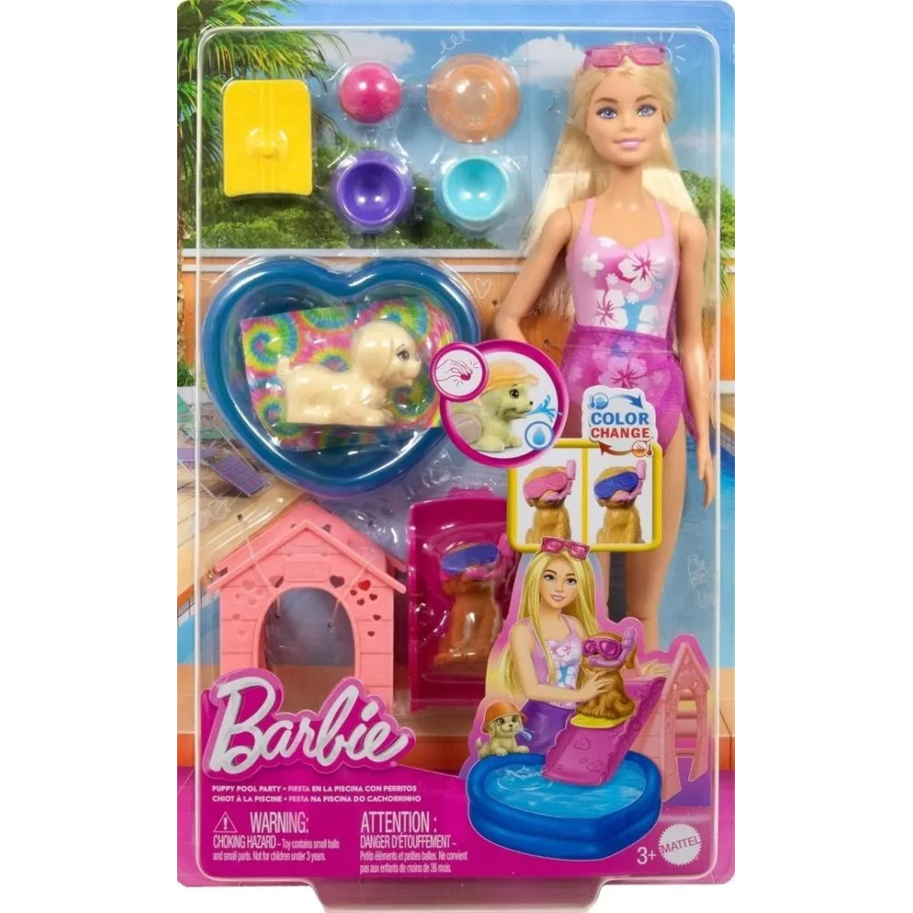Zestaw Barbie Puppy Pool Party z lalką barbie, basenem i dwoma pieskami