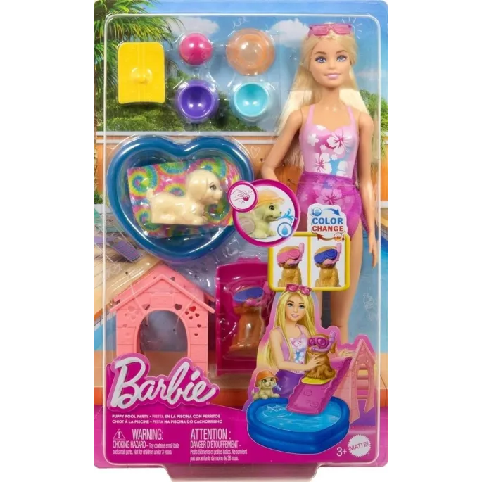 Zestaw Barbie Puppy Pool Party z lalką barbie, basenem i dwoma pieskami