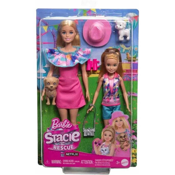 Barbie i Stacie z akcesoriami oraz dwoma małymi pieskami, widok na cały zestaw