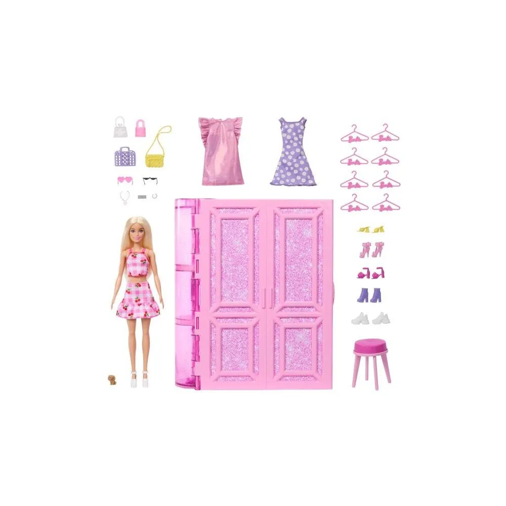 Barbie z Szafą Marzeń 3.0 i zestawem modowych akcesoriów na tle różowej szafy