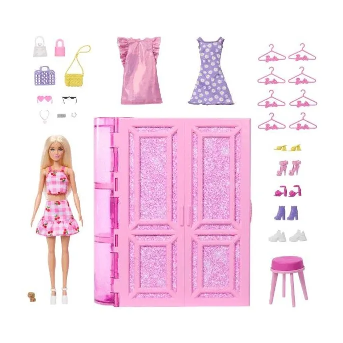Barbie z Szafą Marzeń 3.0 i zestawem modowych akcesoriów na tle różowej szafy