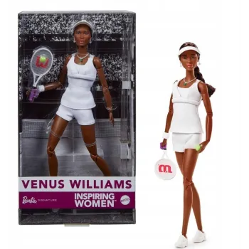 Kolekcjonerska lalka Barbie Venus Williams w sportowym stroju na białym tle