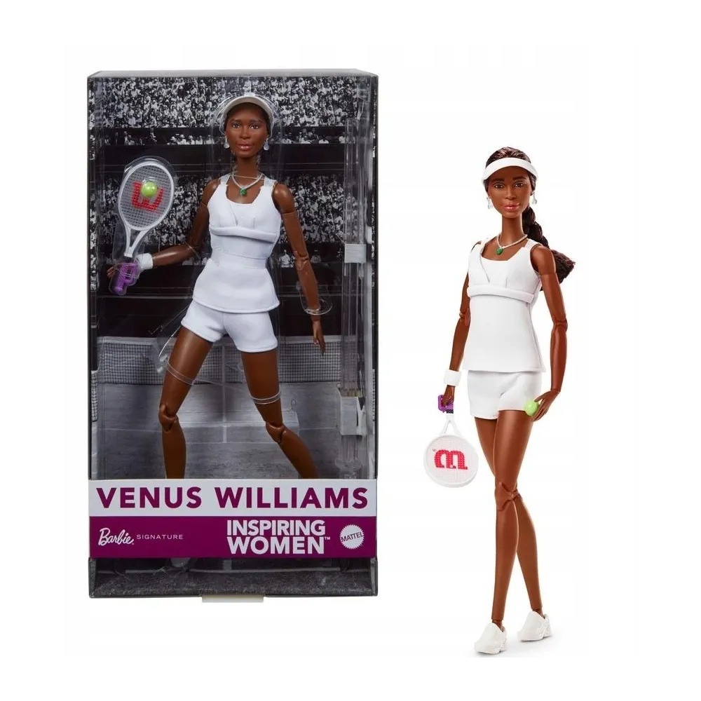 Kolekcjonerska lalka Barbie Venus Williams w sportowym stroju na białym tle