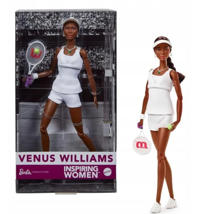 Kolekcjonerska lalka Barbie Venus Williams w sportowym stroju na białym tle