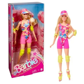 Barbie na rolkach w kolorowym stroju i neonowych rolkach stojąca na tle