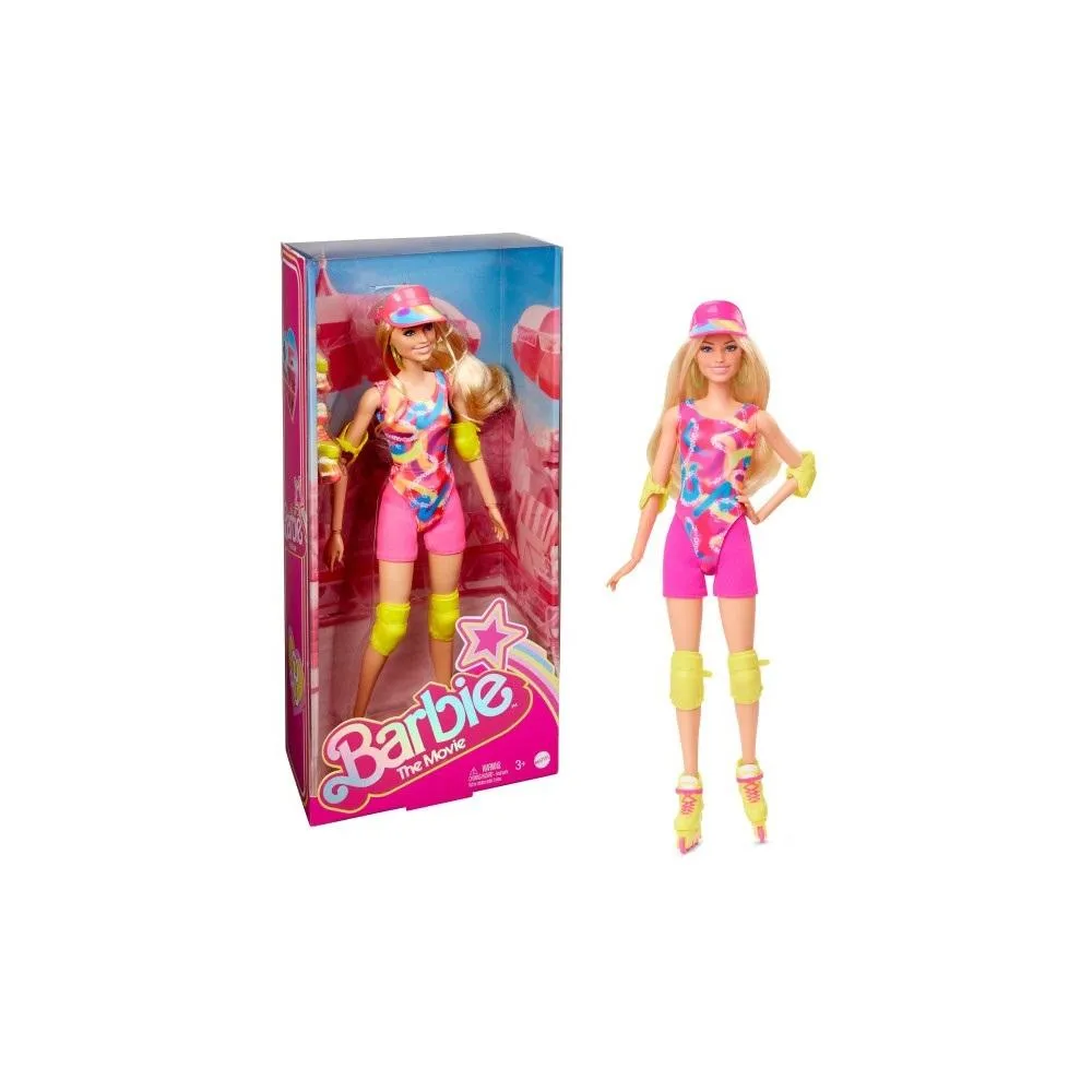 Barbie na rolkach w kolorowym stroju i neonowych rolkach stojąca na tle