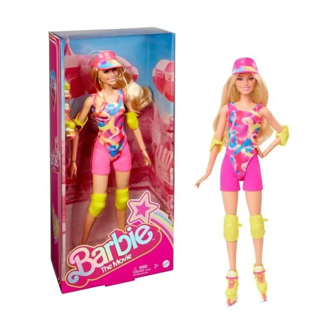Barbie na rolkach w kolorowym stroju i neonowych rolkach stojąca na tle