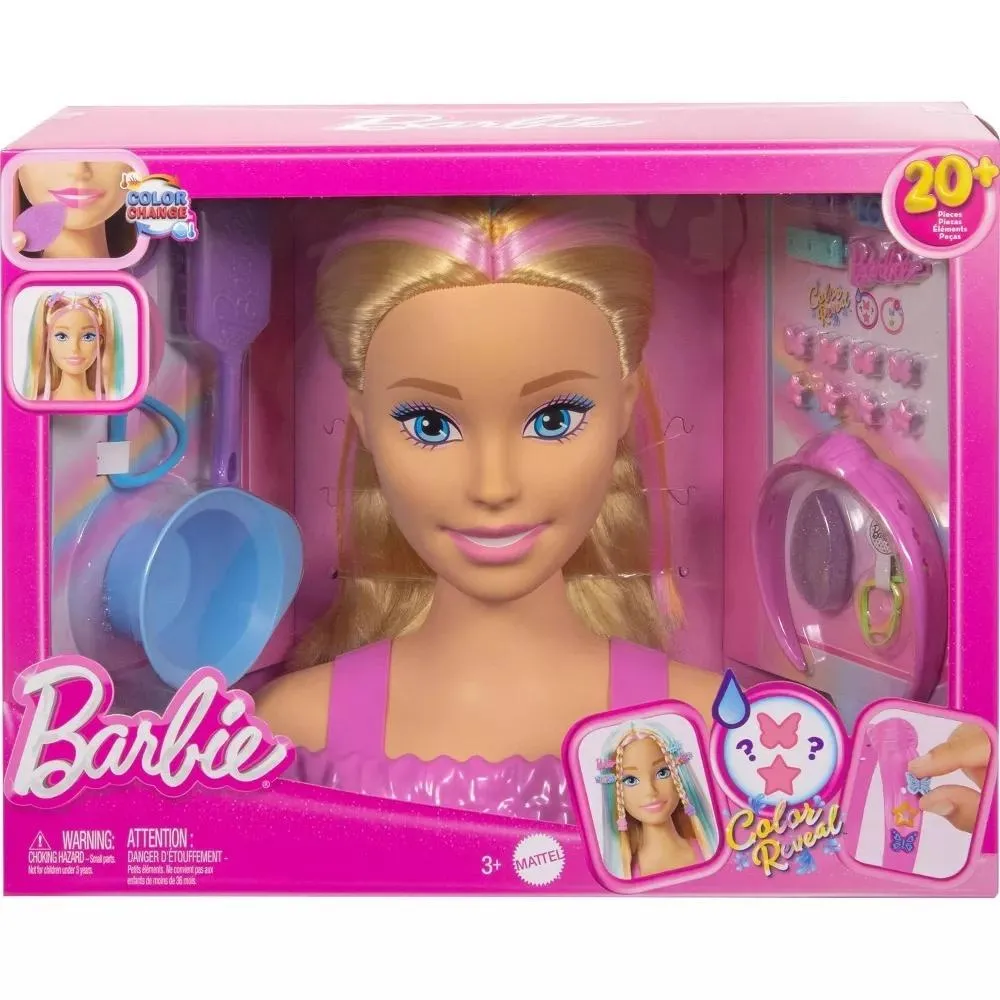 Barbie głowa do stylizacji z blond włosami i kolorowymi pasemkami