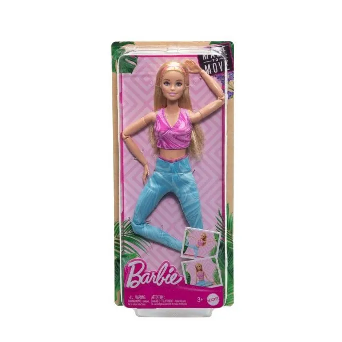 Barbie Made to Move z blond włosami w sportowym stroju na białym tle