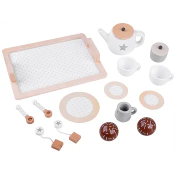 BEŻOWY Zimowy drewniany Zestaw herbaciany w gwiazdki Filiżanki Taca ZA4124